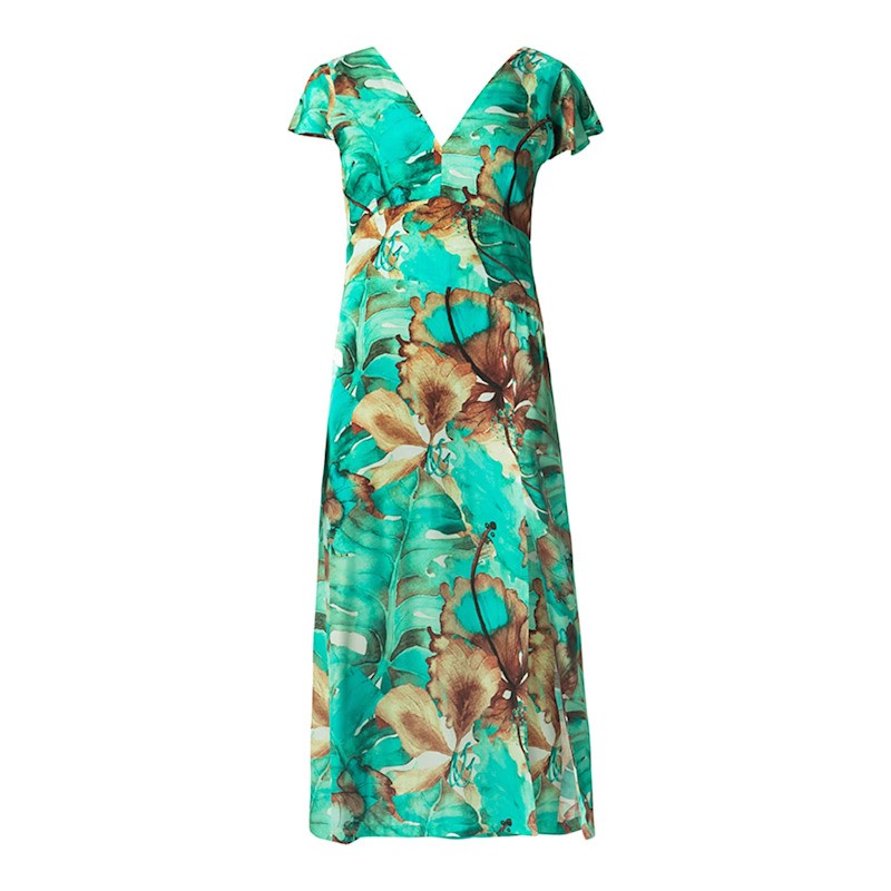 Haris Cotton Printed Dress With Flutter Sleeves - Emerald Forest