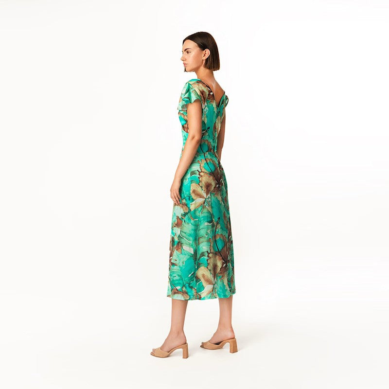 Haris Cotton Printed Dress With Flutter Sleeves - Emerald Forest