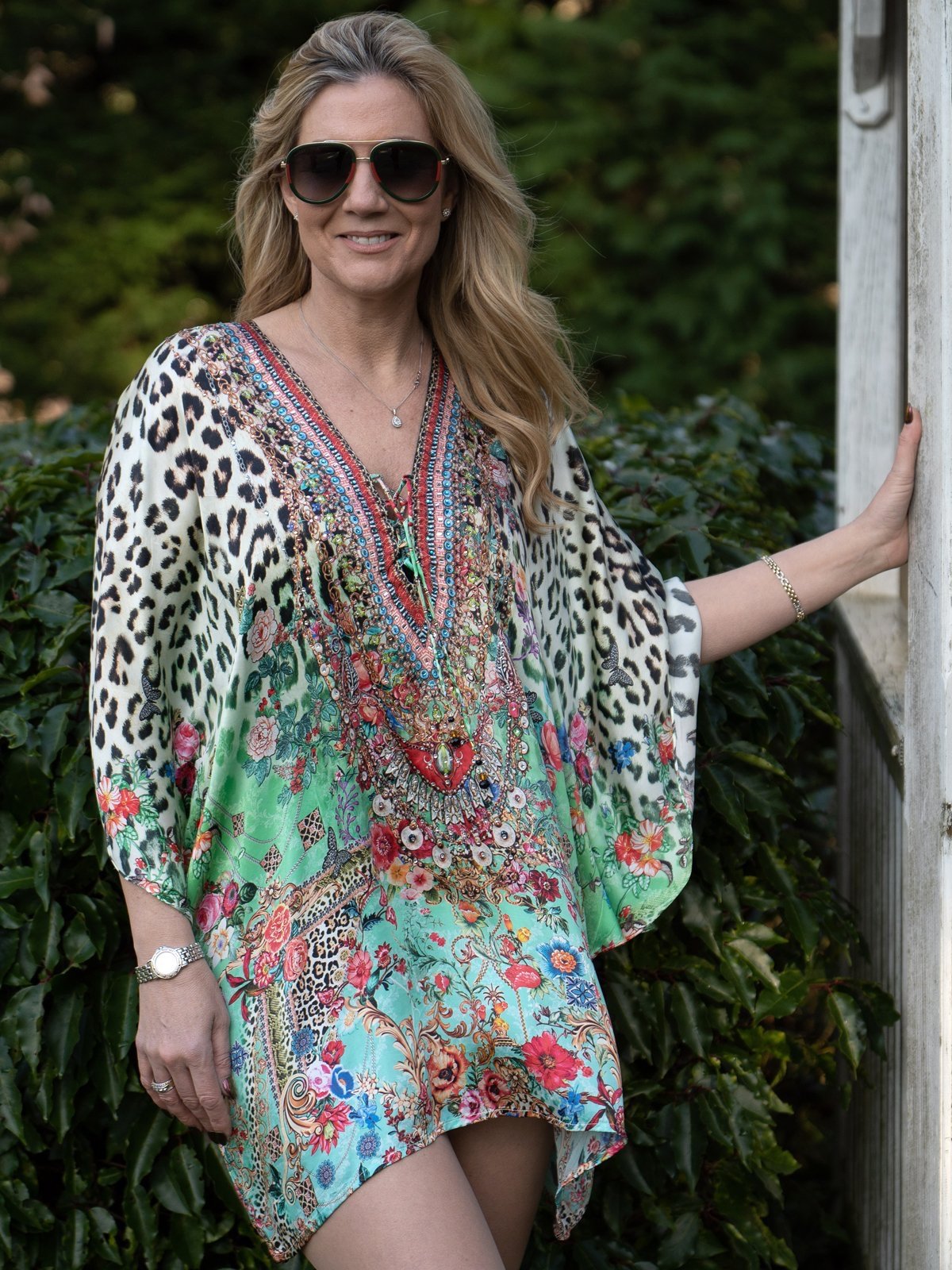 Sarai London Leopard and Botanical Printed Kaftan