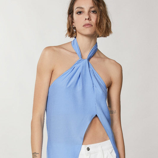Patrizia Pepe Aysmmetric Halter Neck Top - Ceramic Blue
