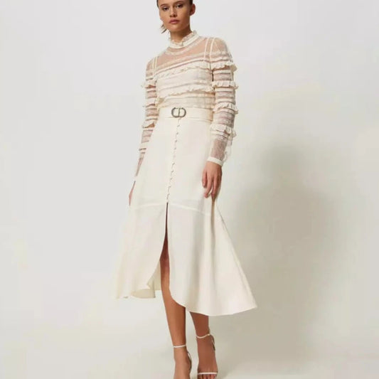 Twinset Long Linen Skirt Almond Milk