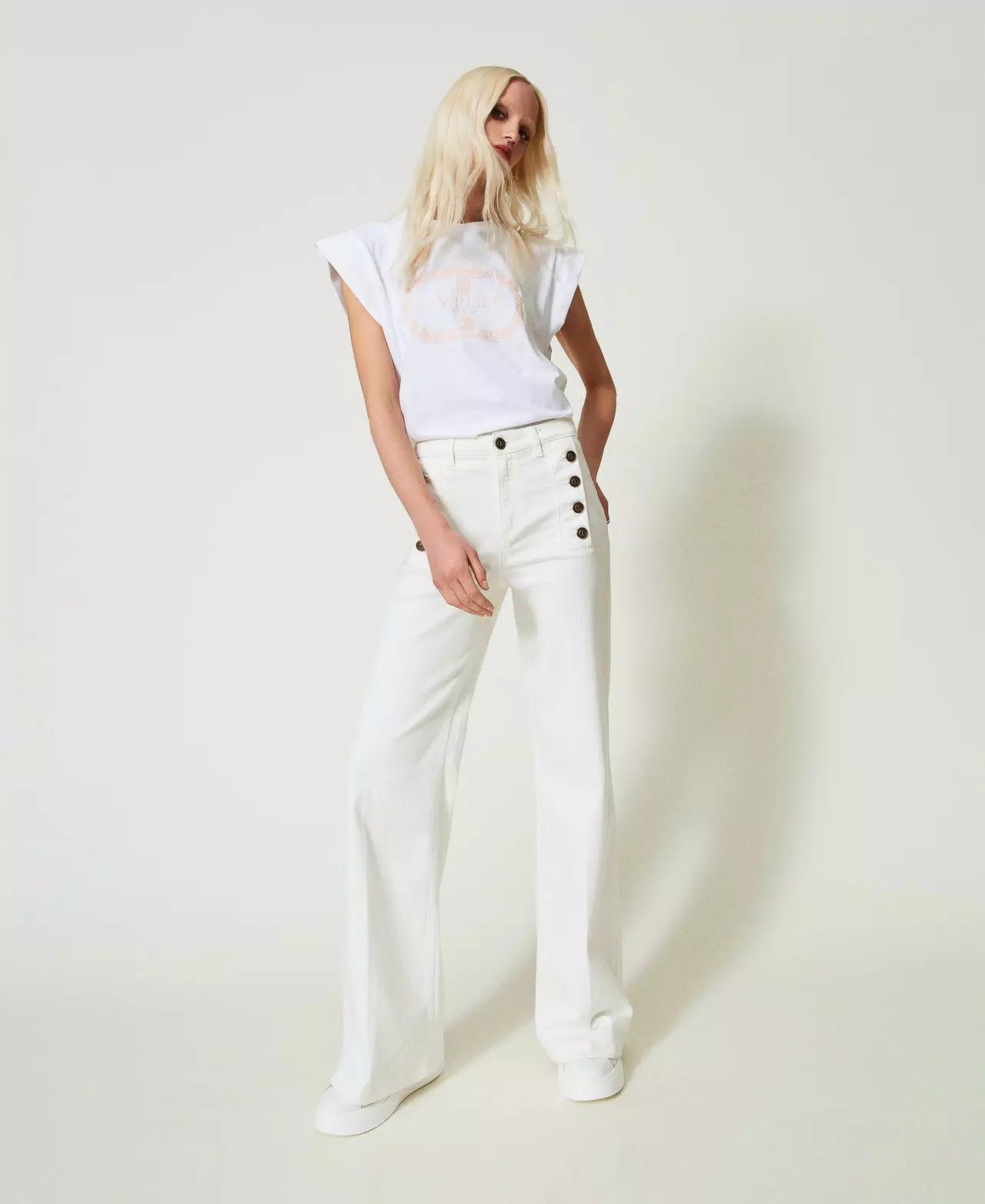 Twinset White Flared Jeans With Decorative Buttons