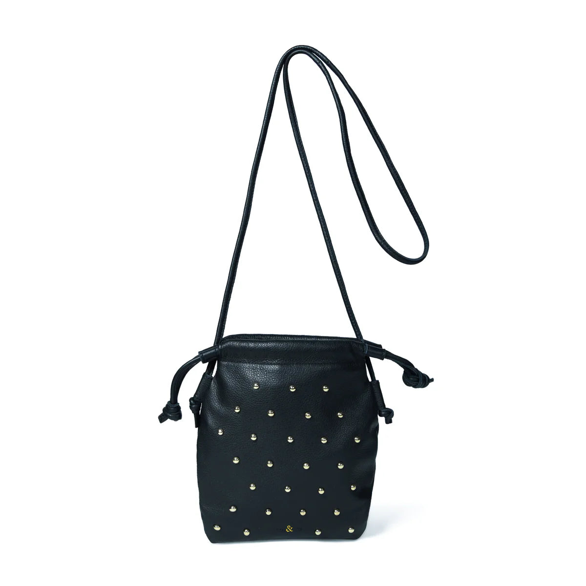 Bell & Fox Willow Stud Drawstring Crossbody in Black Leather, Silver Studs