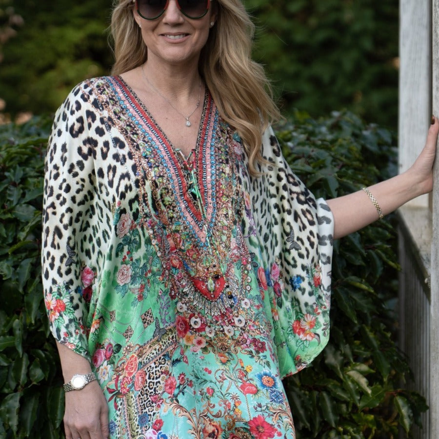 Sarai London Leopard and Botanical Printed Kaftan