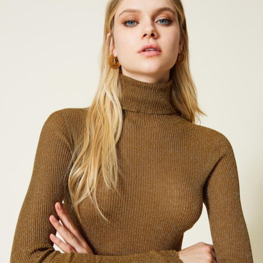 Twinset Seamless Turtleneck Jumper With Lurex - Dark Gold
